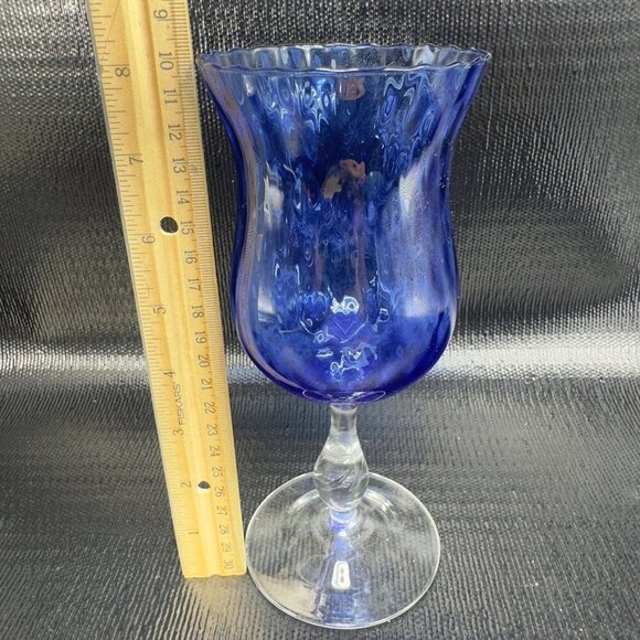 Vintage Venetian Tall Optic Pattern Goblet Compote Cup Cobalt Blue Stem Glass - Picture 2 of 14